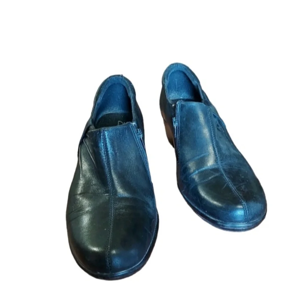 Clarks 10 Slipon Shoes Leather Black Comfort Heeled 2